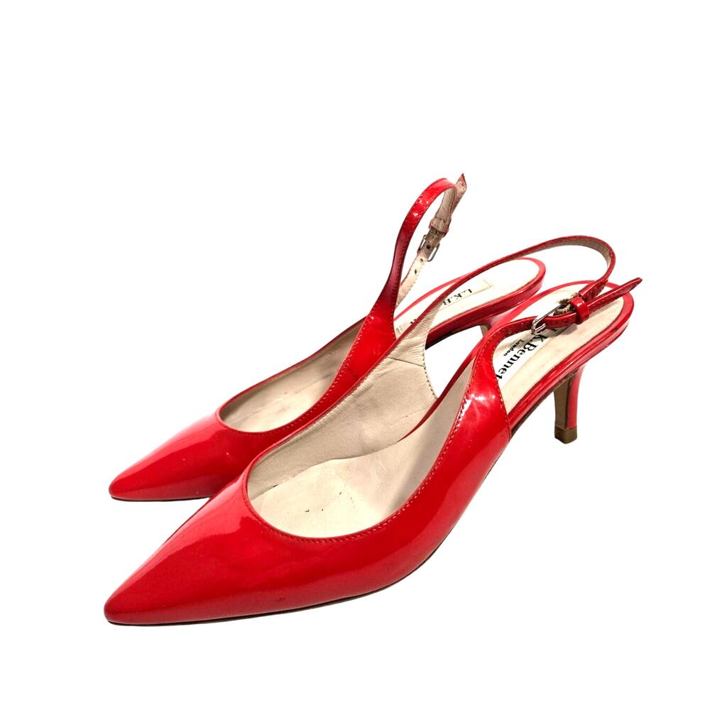 LK Bennett Kitten Heel Pumps Bright Red Patent Leather Slingback Pointy Spain 7